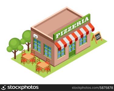 Image isometric pizzeria, standing on the grass. Vector illustration