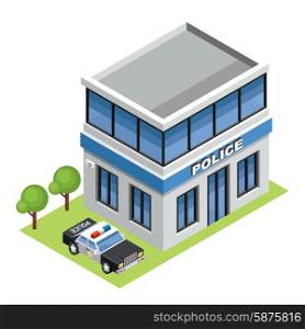 Image isometric police, standing on the grass.Vector illustration