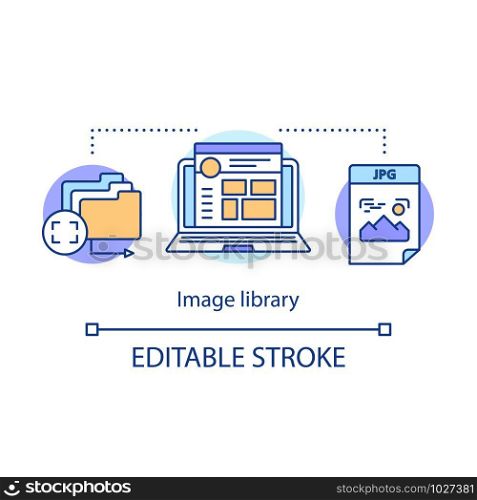 Image library concept icon. Internet images hosting idea thin line illustration. Pictures, photos, media digital storage. Social media content. Vector isolated outline drawing. Editable stroke