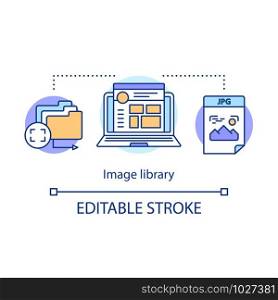 Image library concept icon. Internet images hosting idea thin line illustration. Pictures, photos, media digital storage. Social media content. Vector isolated outline drawing. Editable stroke