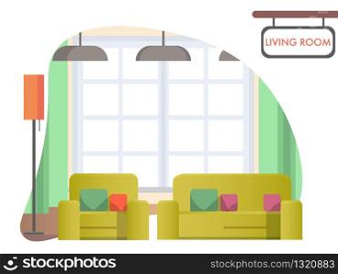 Image Living Room at Home. Cozy Home Interior. Yellow Armchair and Sofa Stand near Window with Green Curtains. Rest Room Home for whole Family. Isolated on White Background