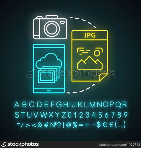 Image neon light concept icon. Visual information idea. Pictures and photos. Files storage. Albums, photobooks. Glowing sign with alphabet, numbers and symbols. Vector isolated illustration