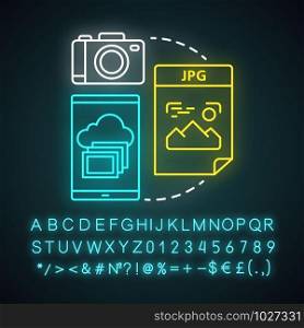 Image neon light concept icon. Visual information idea. Pictures and photos. Files storage. Albums, photobooks. Glowing sign with alphabet, numbers and symbols. Vector isolated illustration