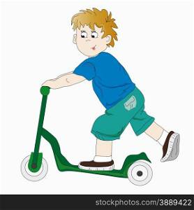 Image of a boy riding a green scooter on a white background