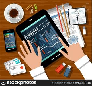 Image of a businessman, student financial reports. In the picture, there are hands