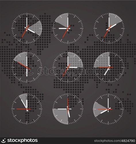 Image of a clock on a background map of the world with continents dark tones
