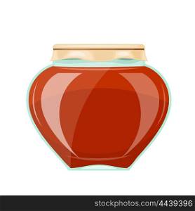 Image of a glass jar with a dark honey and the paper cover. Cartoon style. Stock vector illustration
