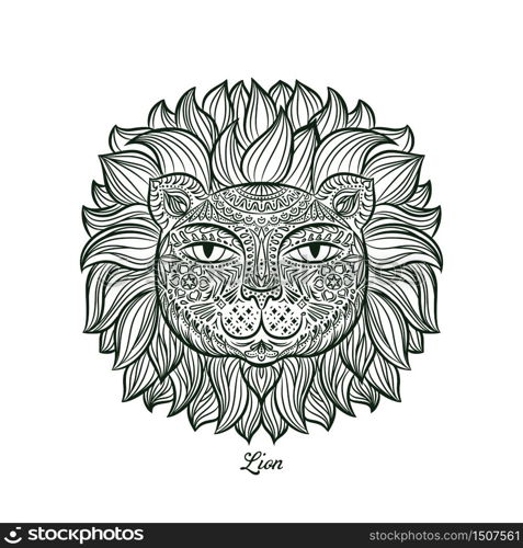 image of a lion head on a white background. Can be used for logo, tattoo, horoscopes, T-shirt graphic, etc.. Vector illustration. Lion.