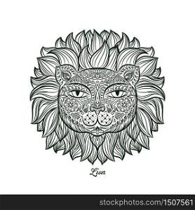 image of a lion head on a white background. Can be used for logo, tattoo, horoscopes, T-shirt graphic, etc.. Vector illustration. Lion.