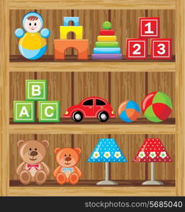 Image of a set of children&rsquo;s toys on wooden shelves