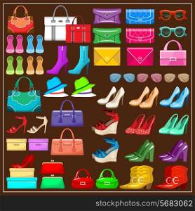 Image of a set shoes, handbags and accessories. vector illustration