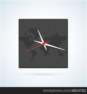 Image of a wall clock . Image of a wall clock on a background map of the world with continents