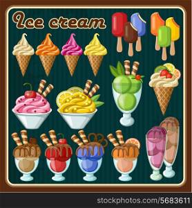 Image of different kinds of ice cream on a dark background. vector illustration
