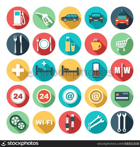 Image of flat round icons of gas station. Vector illustration