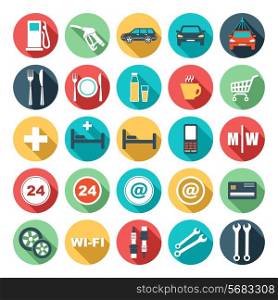 Image of flat round icons of gas station. Vector illustration