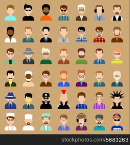 Image of flat round icons with men of different species. Vector illustration