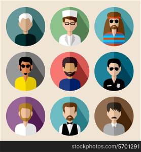 Image of flat round icons with men of different species. vector illustration