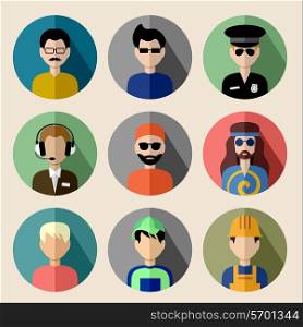 Image of flat round icons with men of different species. vector illustration