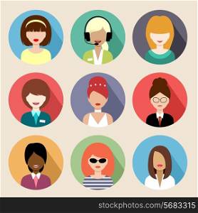 Image of flat round icons with women of different species. Vector illustration