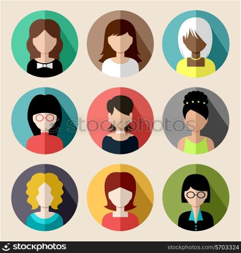 Image of flat round icons with women of different species. vector illustration
