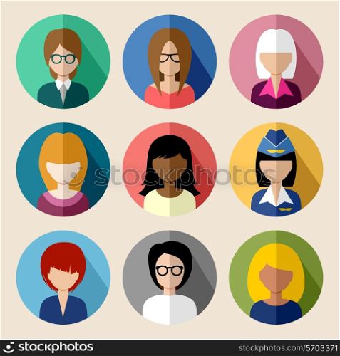 Image of flat round icons with women of different species. vector illustration