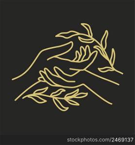 Image of hands decorated with leaves vector illustration. Symbolism for magical and ritual rites. Golden emlema black background