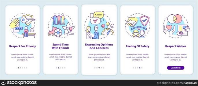 Image of healthy relationships onboarding mobile app screen. Respect walkthrough 5 steps graphic instructions pages with linear concepts. UI, UX, GUI template. Myriad Pro-Bold, Regular fonts used. Image of healthy relationships onboarding mobile app screen