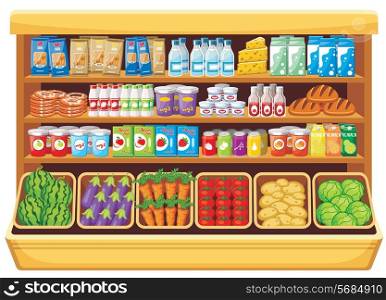 Image of shelves with different products in the supermarket