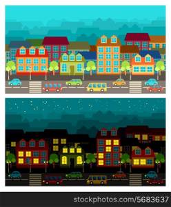 Image of the city, streets, houses, roads and cars. Vector illustration