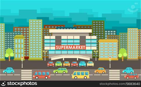 Image of the city, supermarket, street, houses, road and cars. Vector illustration