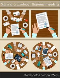 Image of the signing of the contract for a business meeting. Vector illustration