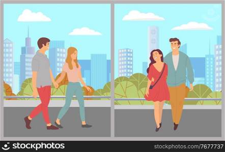 Image of two walking young couples. Strolling in city park or in the countryside. City landscape, trees, skyscrapers, buildings. Clear sky, clouds, summer or spring. Recreation and sports. Flat image. Two young couples are walking in a city park. Strolling in nature. Young Caucasian people or teens