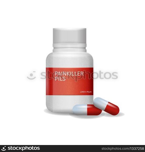 Image Packaging Painkiller Pils White Background. 3d Vector Illustration Infographic Medication Lying Tablet Beside to Pack Pill. Rheumatic Disease Treatment. Isolated. Rheumatologist Prescription