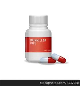 Image Packaging Painkiller Pils White Background. 3d Vector Illustration Infographic Medication Lying Tablet Beside to Pack Pill. Rheumatic Disease Treatment. Isolated. Rheumatologist Prescription