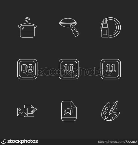 image , paint , lipsticks ,calender , months , cosmetics , household , year , dates , countinng , washroom , items ,icon, vector, design, flat, collection, style, creative, icons