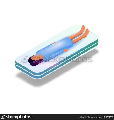 Image Patient Girl Lies on Medical Flying Platform. Vector Isometric Illustration Medical Equipment Future Transportation Patients. Platform Floating Abovesurface. Girl in Medical Gown Before Surgery