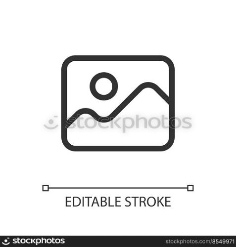 Image pixel perfect linear ui icon. Digital photo gallery. Multimedia reader program. GUI, UX design. Outline isolated user interface element for app and web. Editable stroke. Arial font used. Image pixel perfect linear ui icon