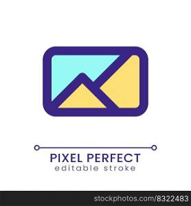 Image pixel perfect RGB color ui icon. Visual media file. Send picture. Simple filled line element. GUI, UX design for mobile app. Vector isolated pictogram. Editable stroke. Poppins font used. Image pixel perfect RGB color ui icon