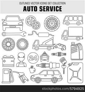 Image set of outline icons on the theme of autoservice, gas stations, tire