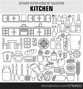 Image set of outline icons on the theme of food, eating and cooking