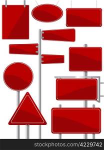 Image shows a street sign collection in red colors against white background