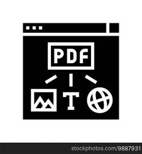 image, text and web site page to pdf file glyph icon vector. image, text and web site page to pdf file sign. isolated contour symbol black illustration. image, text and web site page to pdf file glyph icon vector illustration