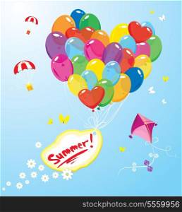 Image with colorful balloons in heart shape and banner with word SUMMER, parachutes, kite and butterflies on sky blue background.
