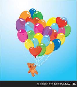 Image with colorful balloons in heart shape and teddy bear on sky blue background. Design for Birthday Invitation card.