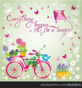 Image with flowers in pots and bicycle on sky blue background. Design for Birthday Invitation card. Calligraphic text Everything happens for a reason.
