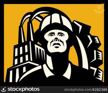 Imagery shows a worker with cap factory building in foreground and mechanical gear in background. Worker with factory building and gear in back