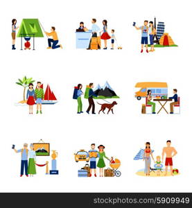 Images Set Of Vacation Options. Different options of vacation and traveling for couples and families flat images set isolated vector illustration