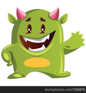 Imaginary green monster with pink horns smiling and waving on white background vector illustration.