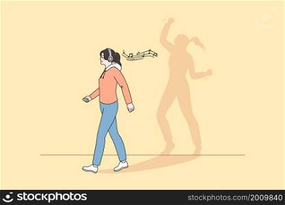 Imagination and dancing to music concept. Young smiling girl in headphones going forward listening to music imagining herself dancing vector illustration . Imagination and dancing to music concept