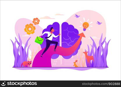 Imagination and vision, creative thinking, ideas and fantasy, motivation and inspiration concept. Vector isolated concept illustration with tiny people and floral elements. Hero image for website.. Imagination concept vector illustration.
